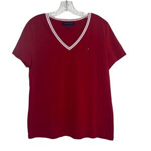 Tommy Hilfiger VNeck Tshirt Womens Large Red Short Sleeves White Trim